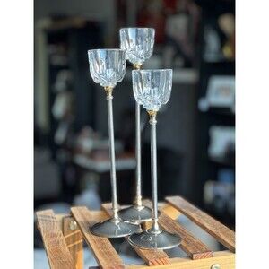 Set Of 3 Variable Height Crystal & Silver Plated Candlestick Holders